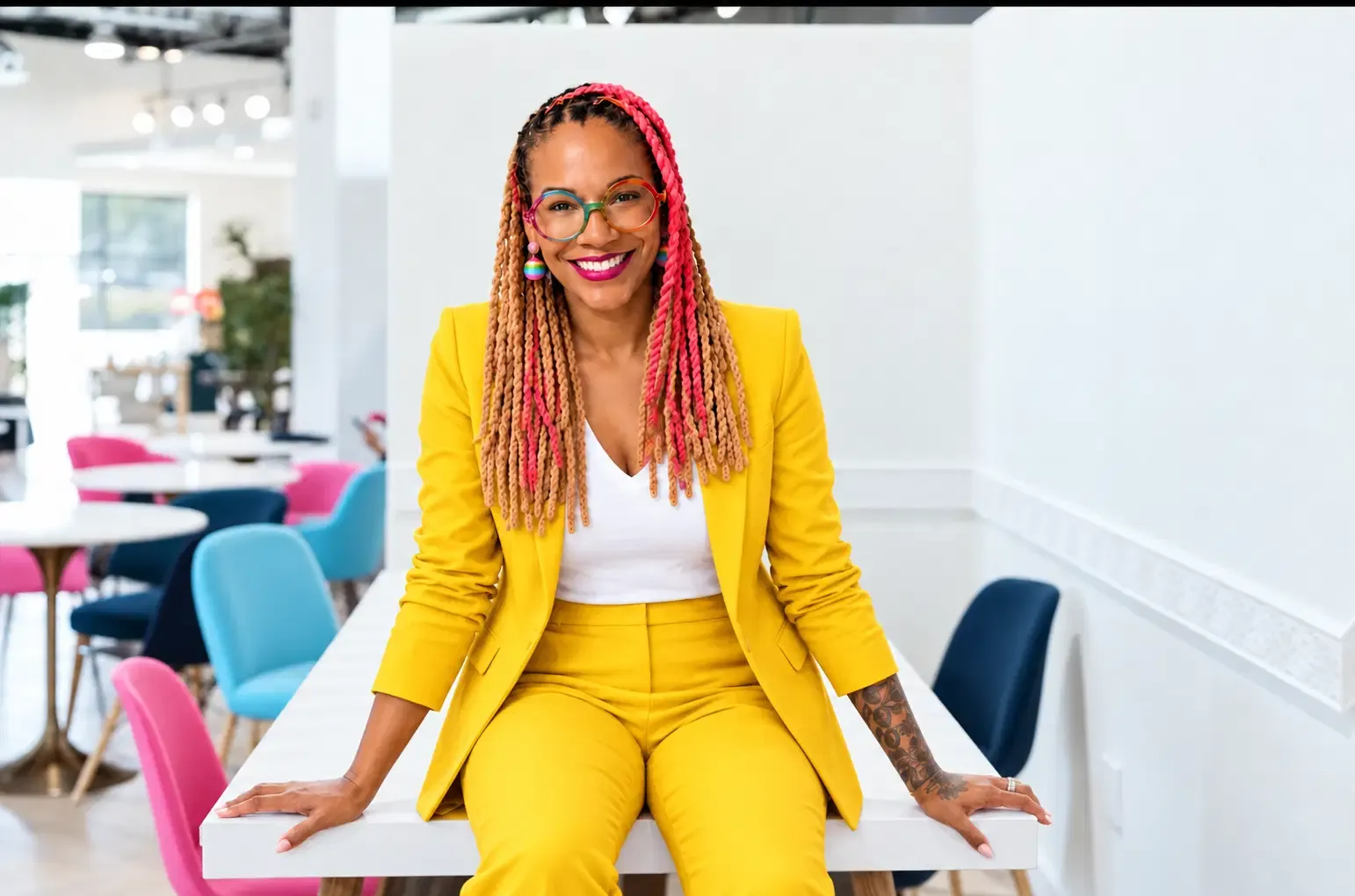 Angela Briggs-Paige in a yellow suit seated on a table in a bright modern office