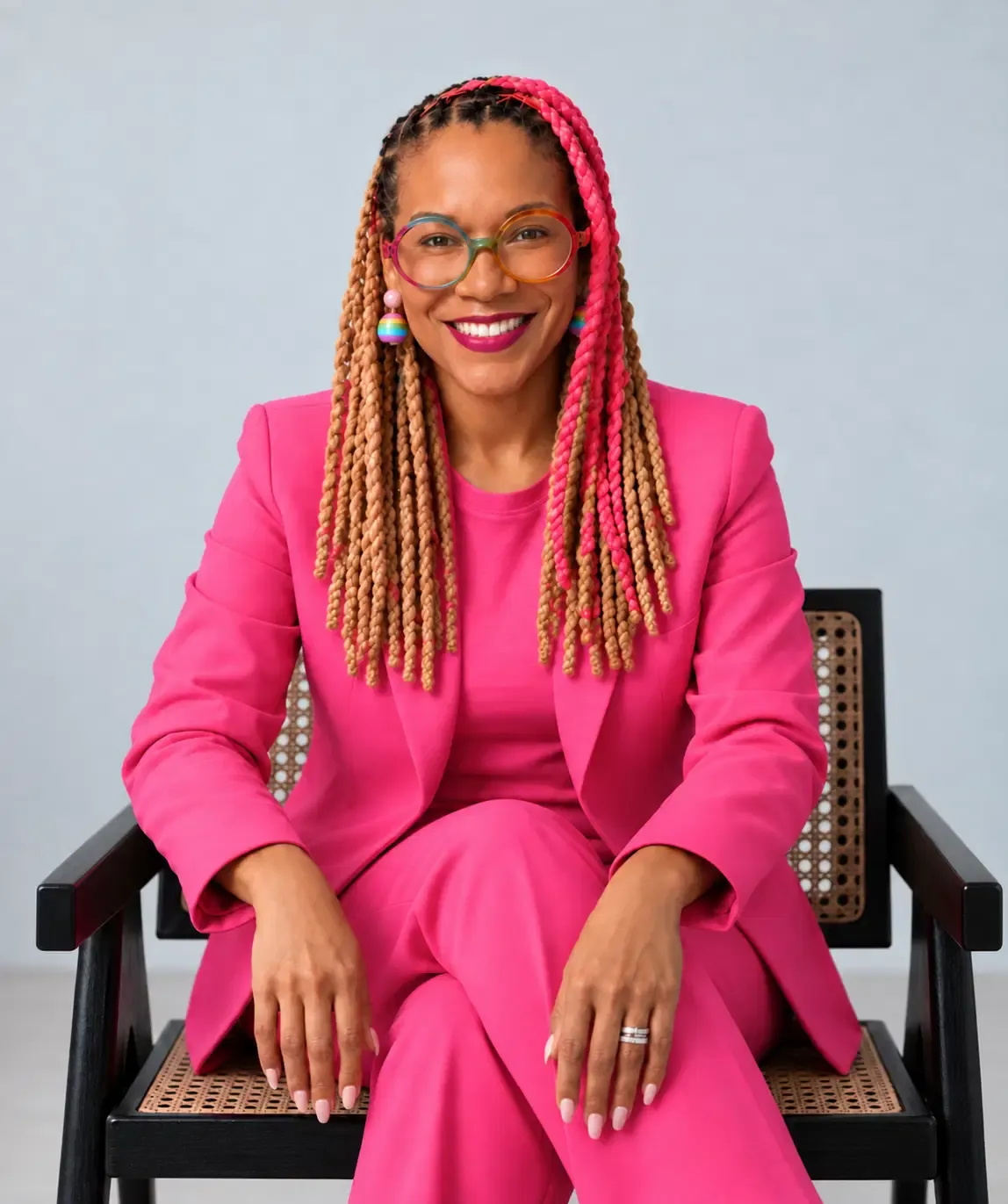 Angela Briggs-Paige seated in a chair wearing a pink suit